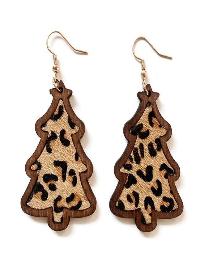 ZMANYIJEW Wooden Christmas Tree Earrings, Vintage Leopard Cow Print Fur Leather Wooden Boho Earrings, Christmas Xmas Wooden Tree Drop Dangle Earrings for Women , Cow Print Earrings Lightweight Leather Wood Tree Shap Christmas Hook Earrings - Image 1