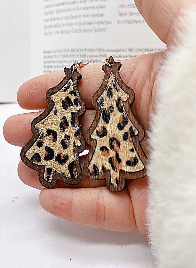 ZMANYIJEW Wooden Christmas Tree Earrings, Vintage Leopard Cow Print Fur Leather Wooden Boho Earrings, Christmas Xmas Wooden Tree Drop Dangle Earrings for Women , Cow Print Earrings Lightweight Leather Wood Tree Shap Christmas Hook Earrings - Image 3