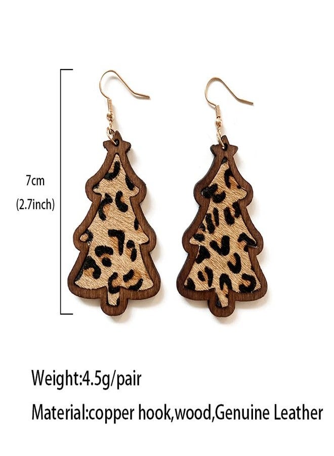 ZMANYIJEW Wooden Christmas Tree Earrings, Vintage Leopard Cow Print Fur Leather Wooden Boho Earrings, Christmas Xmas Wooden Tree Drop Dangle Earrings for Women , Cow Print Earrings Lightweight Leather Wood Tree Shap Christmas Hook Earrings - Image 4