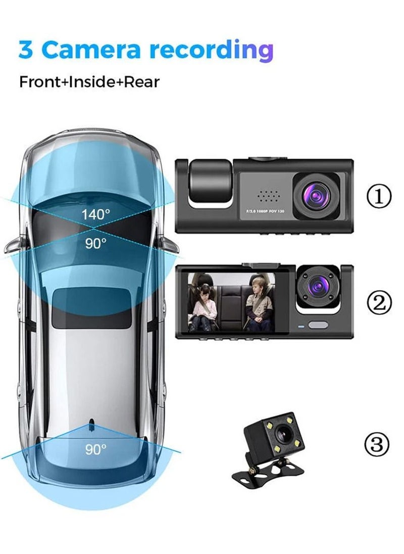 Furtey - 1080P 2.0 IPS Display Screen Tachograph Front & Inside & Rear Camera Driving Recorder 140°Wide Angle Support Night-Vision, Loop Recording ,Time-mark Motion Detection - Image 1