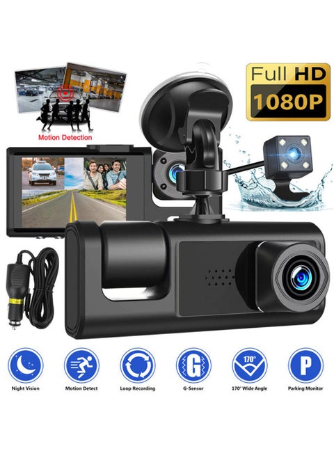 1080P 2.0 IPS Display Screen Tachograph Front & Inside & Rear Camera Driving Recorder 140°Wide Angle Support Night-Vision, Loop Recording ,Time-mark Motion Detection