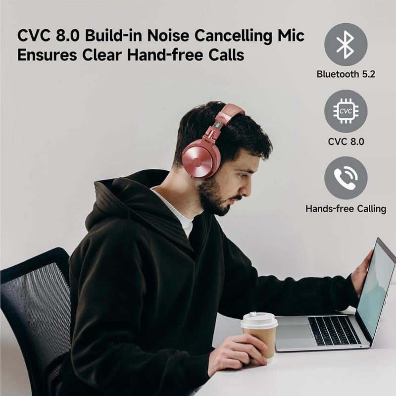 OneOdio ProC Wireless Bluetooth Headphones and Wired Mode, 110 Hours of Use, Audio Headphones with Microphone, Hi-RES Audio, Soft Protein Earpads, Extra Bass, Comfortable Lightweight Foldable Rose - Image 5