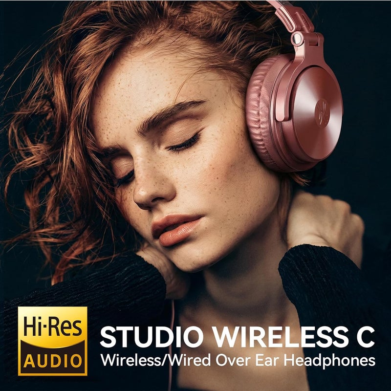 OneOdio ProC Wireless Bluetooth Headphones and Wired Mode, 110 Hours of Use, Audio Headphones with Microphone, Hi-RES Audio, Soft Protein Earpads, Extra Bass, Comfortable Lightweight Foldable Rose - Image 2