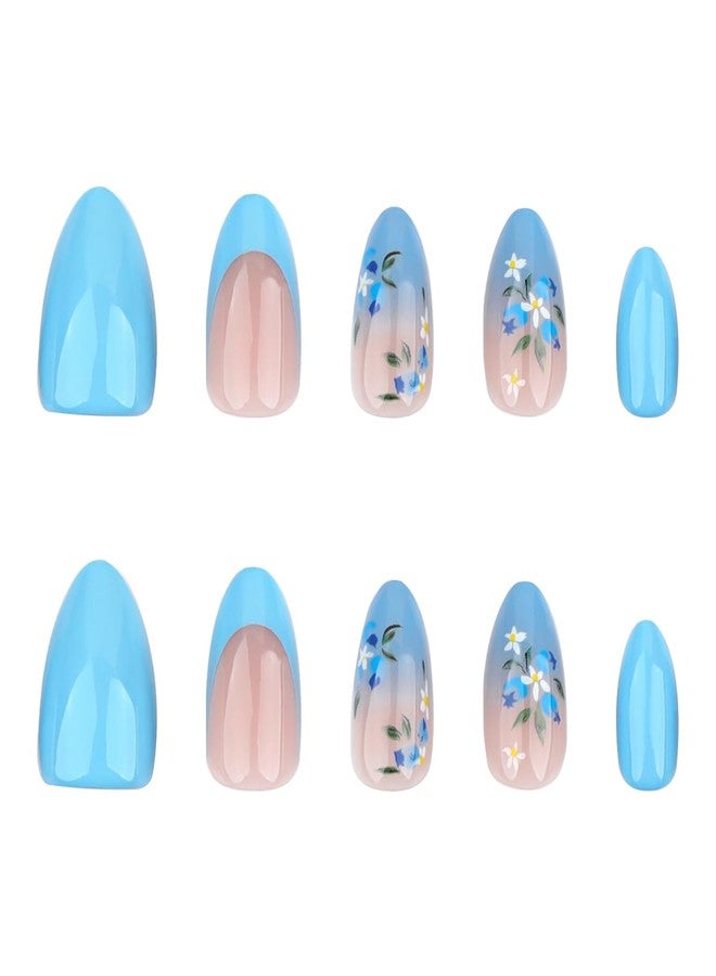 KTAABTR Nails Flowers Press on Nails Medium Almond Shape Fake Nails Glue on Nails Blue Glitter Glossy Acrylic Nails Design Full Cover Solid Color False Nails for Women DIY Manicure Decoration - Image 4
