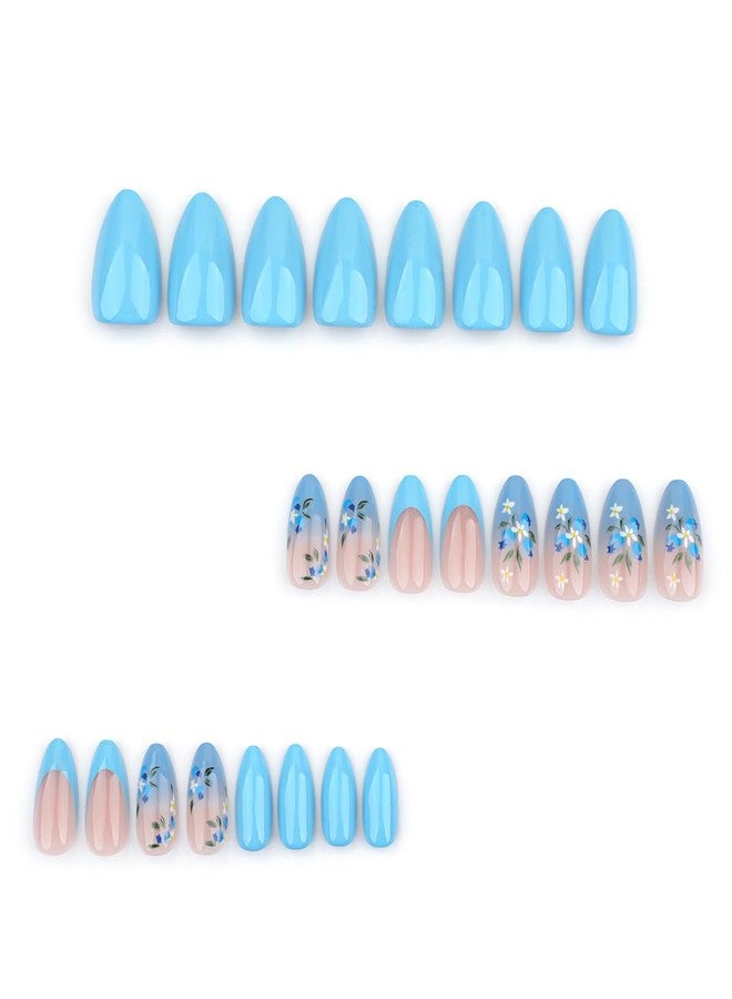 KTAABTR Nails Flowers Press on Nails Medium Almond Shape Fake Nails Glue on Nails Blue Glitter Glossy Acrylic Nails Design Full Cover Solid Color False Nails for Women DIY Manicure Decoration - Image 3