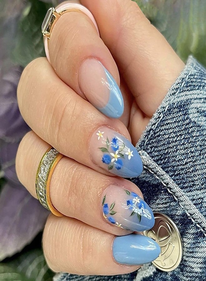KTAABTR Nails Flowers Press on Nails Medium Almond Shape Fake Nails Glue on Nails Blue Glitter Glossy Acrylic Nails Design Full Cover Solid Color False Nails for Women DIY Manicure Decoration - Image 1