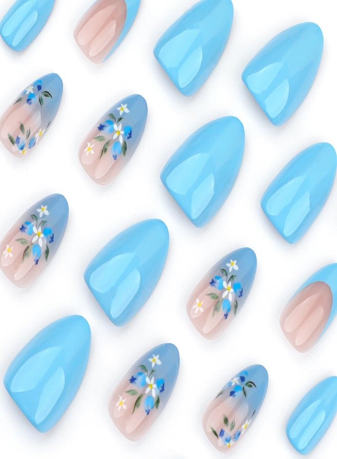 KTAABTR Nails Flowers Press on Nails Medium Almond Shape Fake Nails Glue on Nails Blue Glitter Glossy Acrylic Nails Design Full Cover Solid Color False Nails for Women DIY Manicure Decoration - Image 2