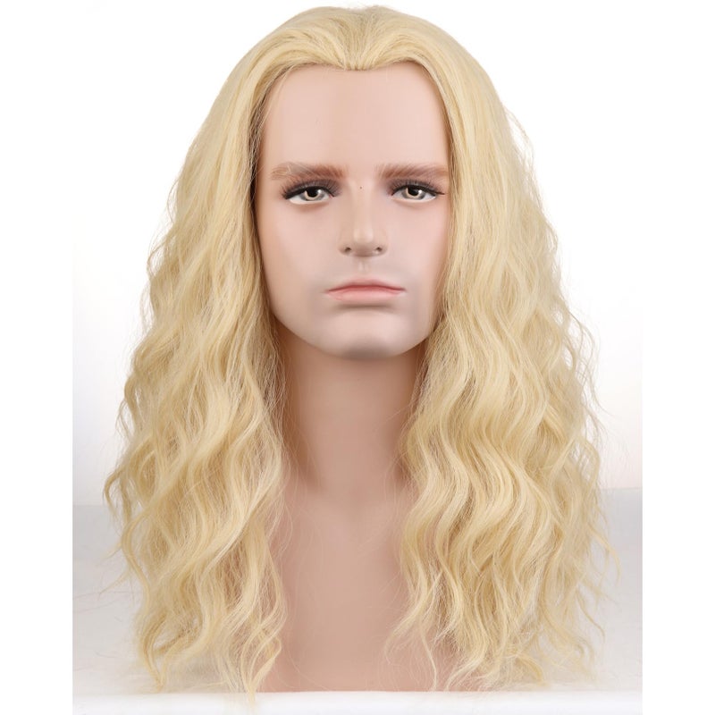 BERON Mens Light Blonde Long Wigs With Halloween Cosplay Costume Party Wig Curly Middle Part Hair Wigs
