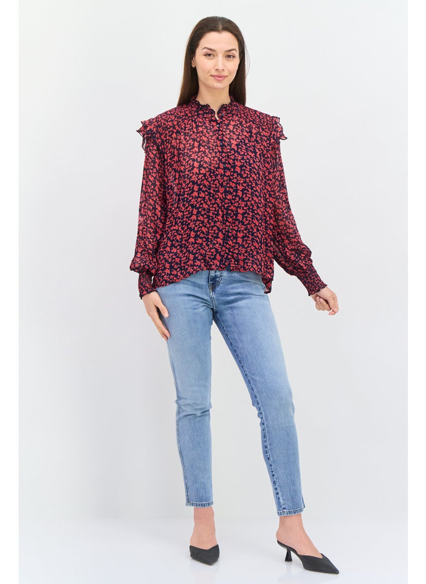 Pepe Jeans Women Ruffle Collar Long Sleeves Floral Print Blouse, Navy  - Image 4