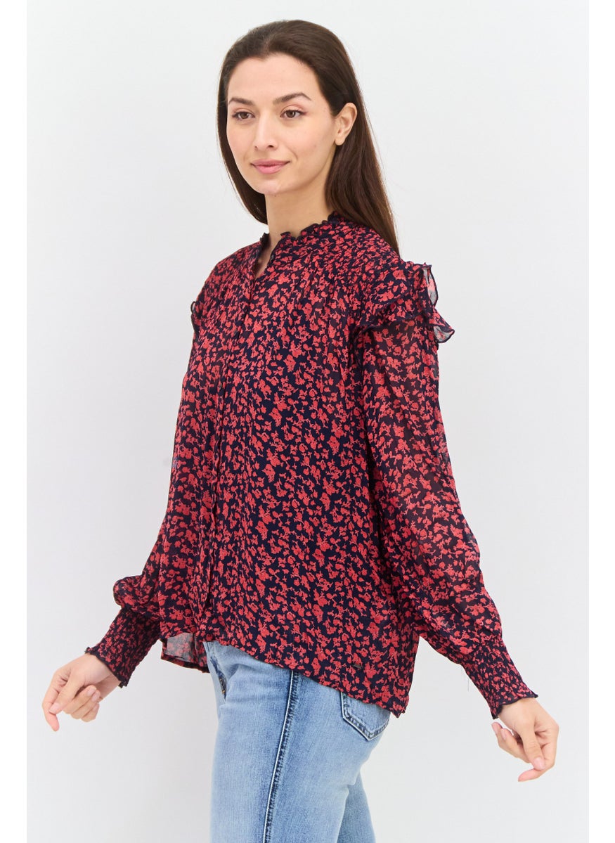 Pepe Jeans Women Ruffle Collar Long Sleeves Floral Print Blouse, Navy  - Image 2