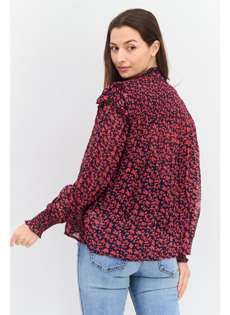 Pepe Jeans Women Ruffle Collar Long Sleeves Floral Print Blouse, Navy  - Image 3