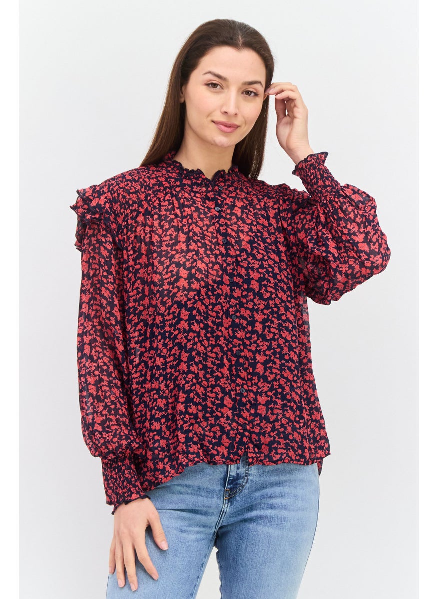 Pepe Jeans Women Ruffle Collar Long Sleeves Floral Print Blouse, Navy  - Image 1
