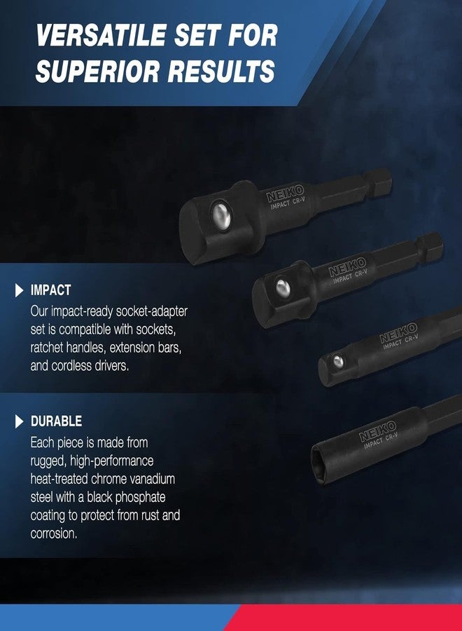 NEIKO 00244A Impact Socket Adapter and Magnetic Bit Holder Set | 4-Piece Set | 1/4-Inch Hex Shank with 1/4, 3/8, 1/2-Inch Drives | CR-V - Image 2