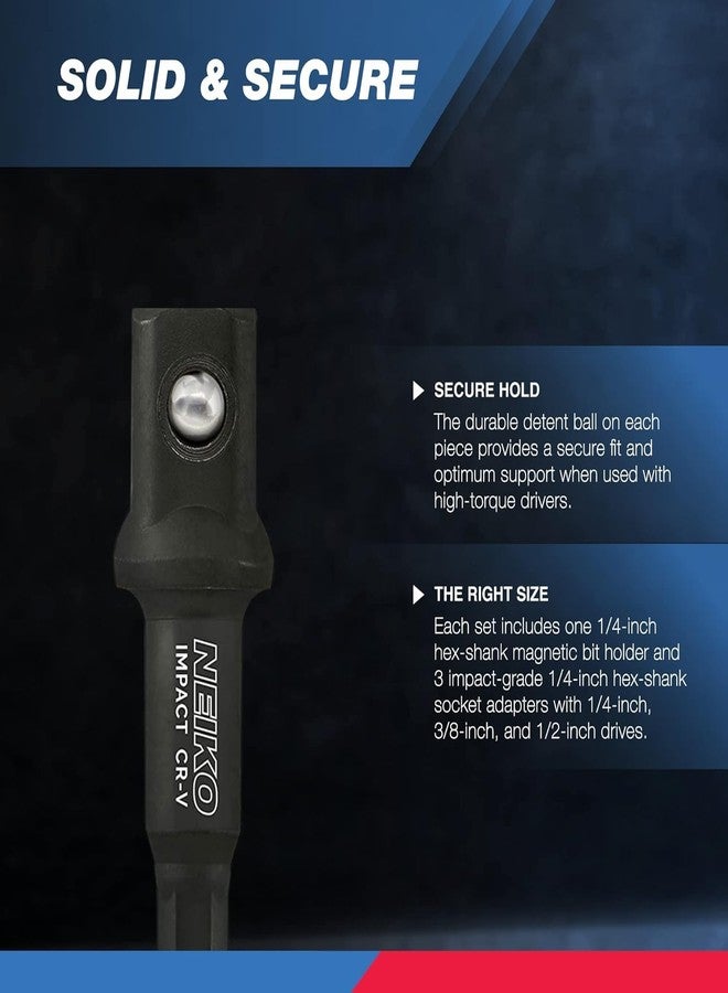 NEIKO 00244A Impact Socket Adapter and Magnetic Bit Holder Set | 4-Piece Set | 1/4-Inch Hex Shank with 1/4, 3/8, 1/2-Inch Drives | CR-V - Image 3