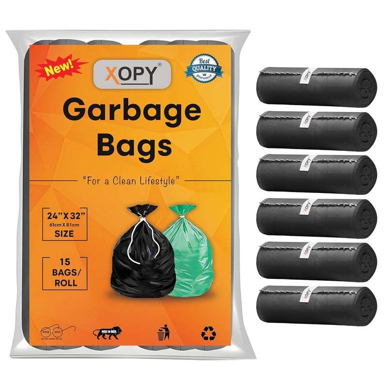 XOPY XOPY Premium EcoFriendly Garbage Bag 24 X 32 Inches Large Size Dustbin Bag Pack of 6 Rolls 90 Trash Bags Black Colour Waste Bag For Everyday Use Bin Bag For Dry Wet Waste Pouch Packing  - Image 1