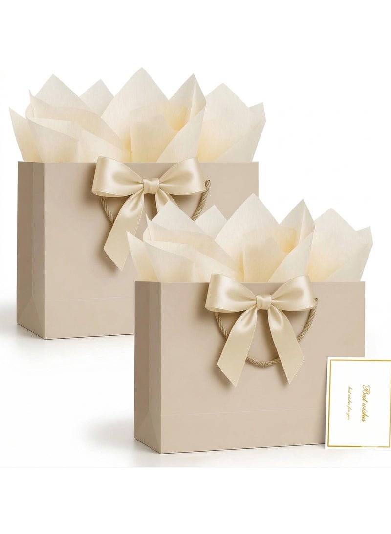 CUNUUDOOL 2Pcs Gift Bags Medium with Handles with Ribbon Card and Tissue Paper, 2Pcs Cute Champagne Beige Paper Gift Wrap Bag for Wedding Party Favors Birthday Baby Bridal Shower Engagement & Mother's Day. - Image 1