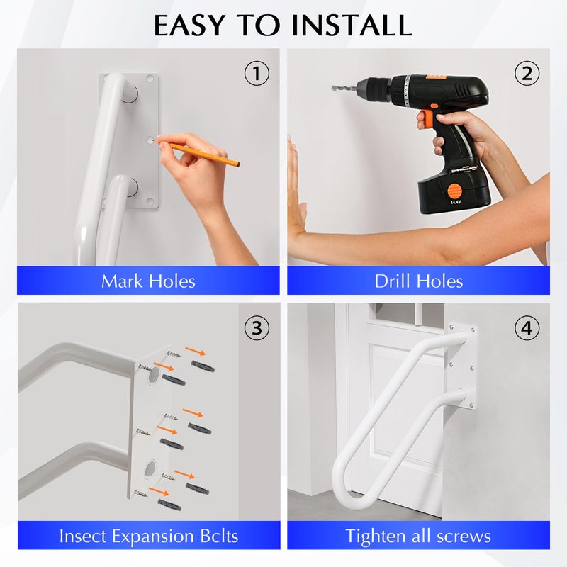 MSUMPTU Hand Rails for Outdoor 1-2 Steps, Indoor Stairs, Bathroom, Wall Mount Non-Slip U-Shape Stair Hand Railing White 1 Pack - Image 4