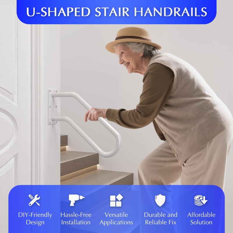 MSUMPTU Hand Rails for Outdoor 1-2 Steps, Indoor Stairs, Bathroom, Wall Mount Non-Slip U-Shape Stair Hand Railing White 1 Pack - Image 2