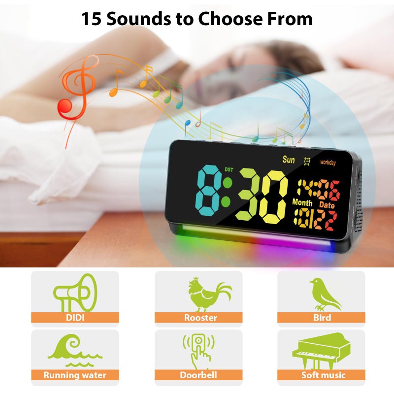 Samshow 120db Super Loud Alarm Clocks for Heavy Sleepers adults , 15 Wake Up Sounds Alarm Clock for Heavy sleepers , 7 Color Night Light, Dynamic RGB Color , 0-100% Dimmer, Snooze, DST , Large LED Display - Image 3