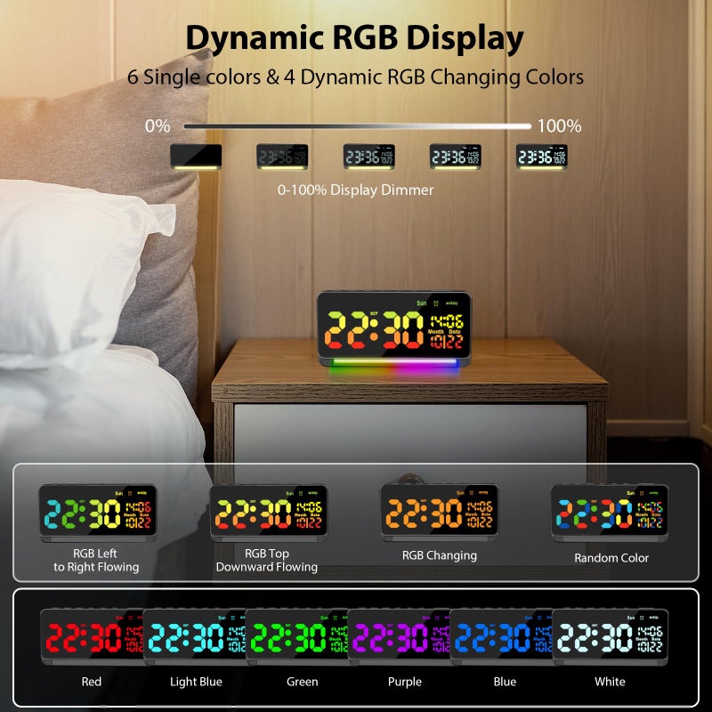 Samshow 120db Super Loud Alarm Clocks for Heavy Sleepers adults , 15 Wake Up Sounds Alarm Clock for Heavy sleepers , 7 Color Night Light, Dynamic RGB Color , 0-100% Dimmer, Snooze, DST , Large LED Display - Image 5