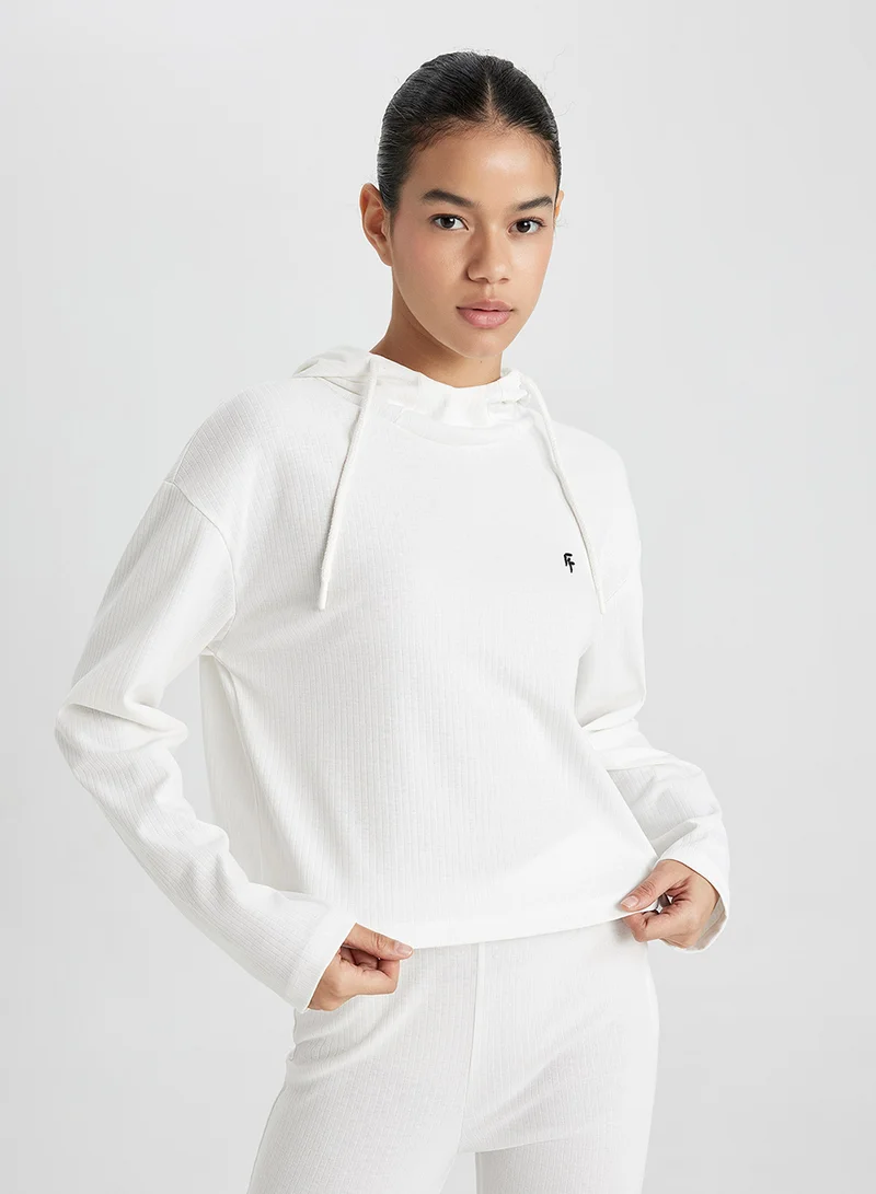 DeFacto Defactofit Standard Fit Hooded Embroidered Long Sleeve Ribbed T-Shirt