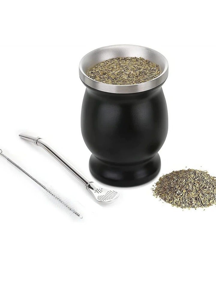 Yerba Mate Tea Cup, Stainless Steel Double Walled Easy Wash Household Insulation Gourds for Loose Leaf Drinking with Bombilla Straw, Black, 230 Ml - Image 1