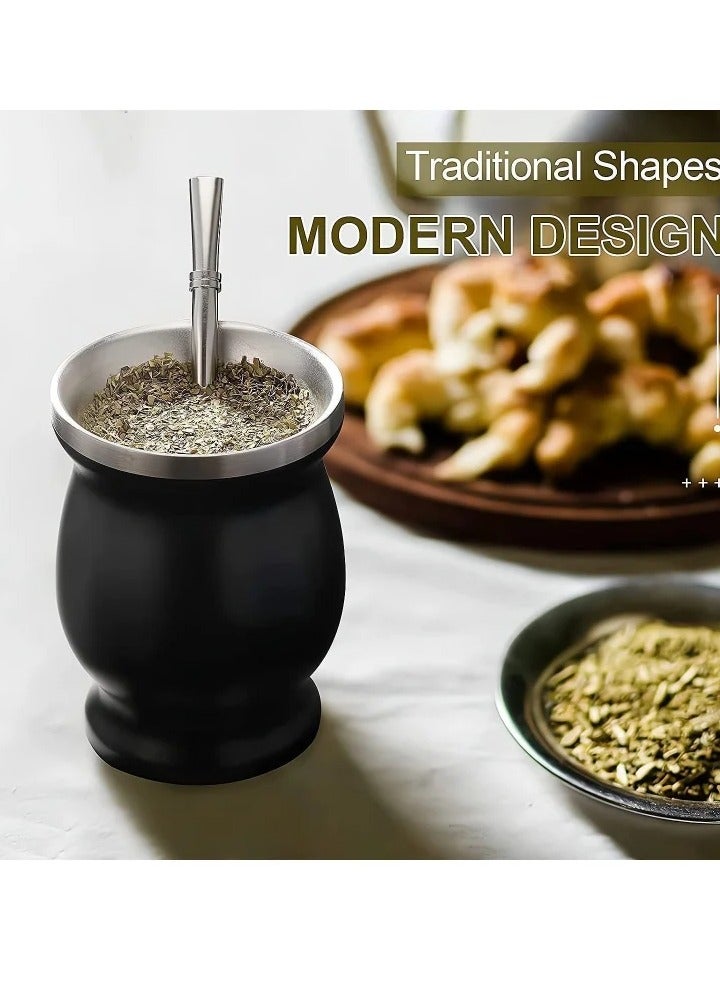 Yerba Mate Tea Cup, Stainless Steel Double Walled Easy Wash Household Insulation Gourds for Loose Leaf Drinking with Bombilla Straw, Black, 230 Ml - Image 2