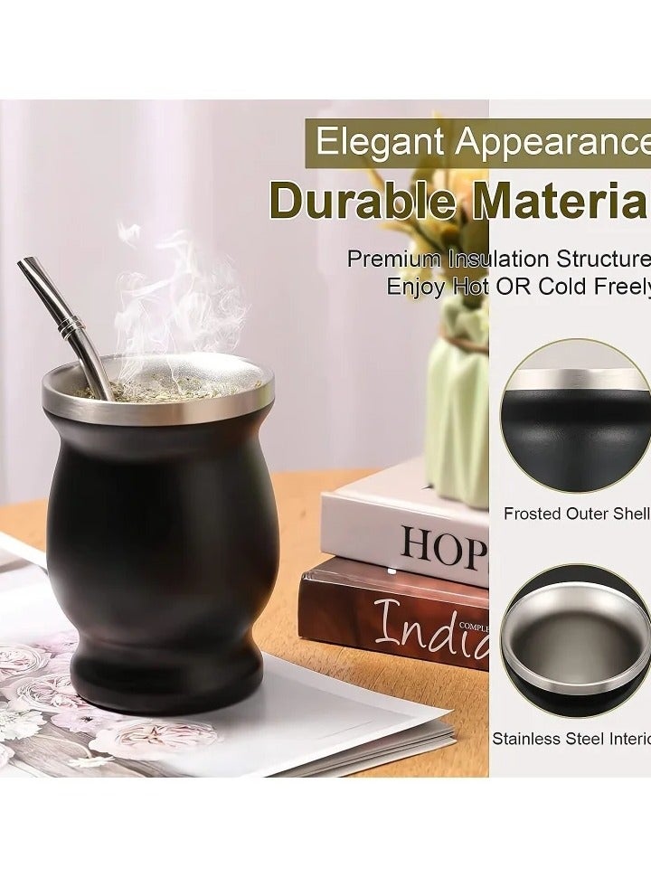 Yerba Mate Tea Cup, Stainless Steel Double Walled Easy Wash Household Insulation Gourds for Loose Leaf Drinking with Bombilla Straw, Black, 230 Ml - Image 3