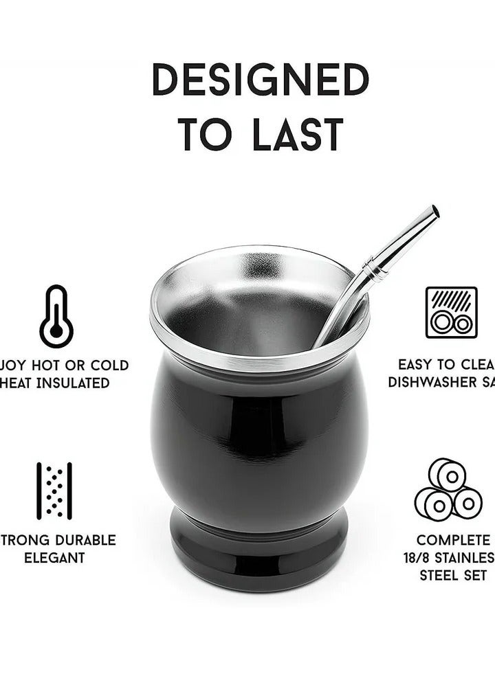 Yerba Mate Tea Cup, Stainless Steel Double Walled Easy Wash Household Insulation Gourds for Loose Leaf Drinking with Bombilla Straw, Black, 230 Ml - Image 4