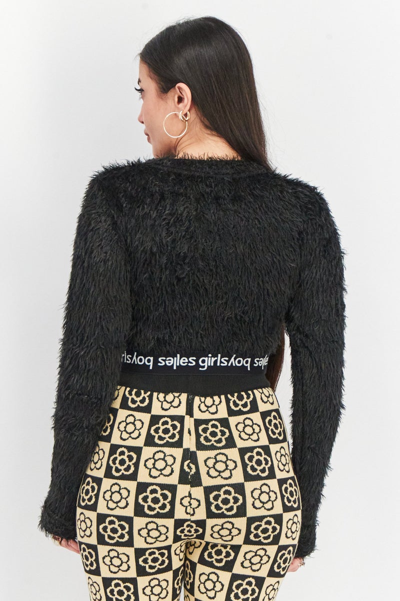 Les Girls Les Boys Women Round Neck Long Sleeve Crop Top, Black - Image 3