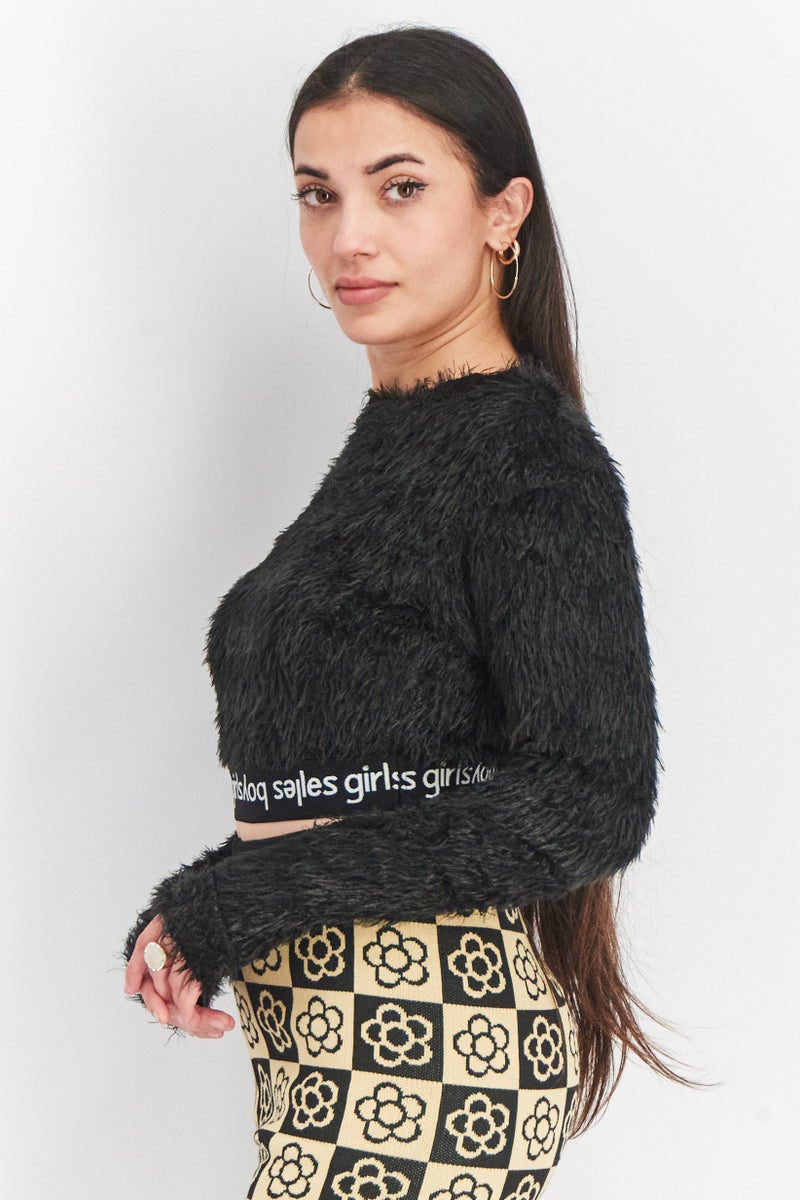 Les Girls Les Boys Women Round Neck Long Sleeve Crop Top, Black - Image 4