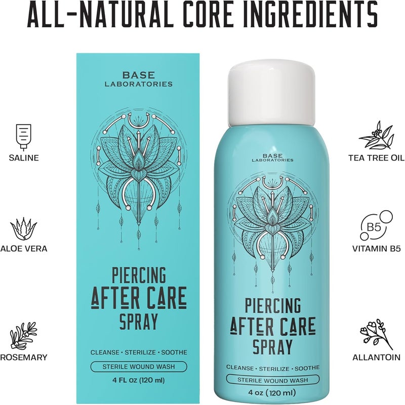 BASE LABORATORIES Base Labs Sea Salt Piercing Aftercare Spray | 4oz | Cleanses, Sterilizes & Soothes | Saline Solution For Piercings with Lysozyme | Fast Ear Piercing Cleaner Solution For Ears, Nose & Bumps | 120ml - Image 1