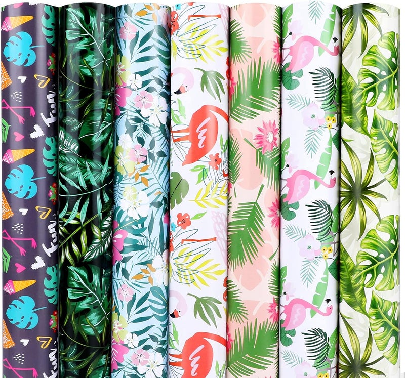 Konsait Flamingo Wrapping Paper Monstera Palm Leaves Hawaii Safari Jungle Tropical Themed Wrap Paper Sheet for Gift Wrapping Birthday Baby Shower Flowers Party Decoration Craft Supplies - Image 1