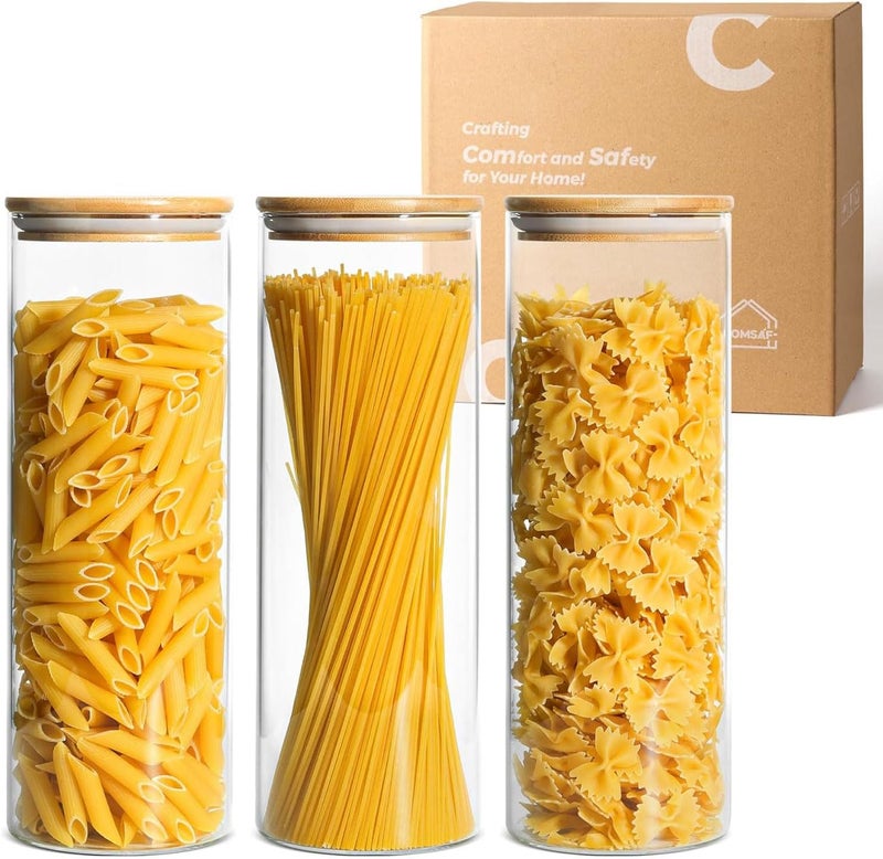 ComSaf Glass Spaghetti Pasta Storage Container with Lids 2 Qt Set of 3, Tall Clear Airtight Food Storage Jar with Wood Cover Kitchen Pantry Storage Container for Noodles Flour Cereal Coffee Beans - Image 1