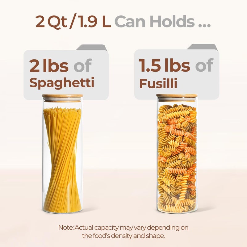 ComSaf Glass Spaghetti Pasta Storage Container with Lids 2 Qt Set of 3, Tall Clear Airtight Food Storage Jar with Wood Cover Kitchen Pantry Storage Container for Noodles Flour Cereal Coffee Beans - Image 3