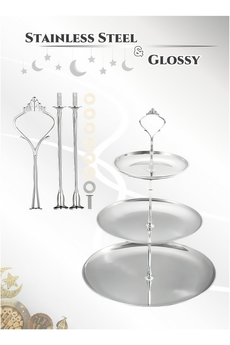 Stainless Steel 3-Layer Dessert Stand Fruit Tray ,Cake Stand,Display Rack, Kitchen Dining Tray, Serving Trays with European Crown Handle,  Tray Decor Coffee Table Round Tray, Perfume Jewelry Trays,for Family Gatherings, Afternoon tea, Office activities, Banquet Celebrations,Hotel Restaurants26/20/14X34.5cm - Image 1