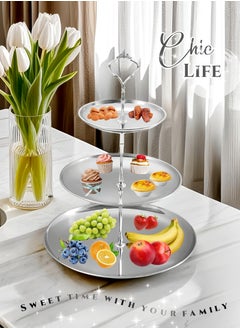 Generic Stainless Steel 3-Layer Dessert Stand Fruit Tray ,Cake Stand,Display Rack, Kitchen Dining Tray, Serving Trays with European Crown Handle,  Tray Decor Coffee Table Round Tray, Perfume Jewelry Trays,for Family Gatherings, Afternoon tea, Office activities, Banquet Celebrations,Hotel Restaurants26/20/14X34.5cm  - Image 2