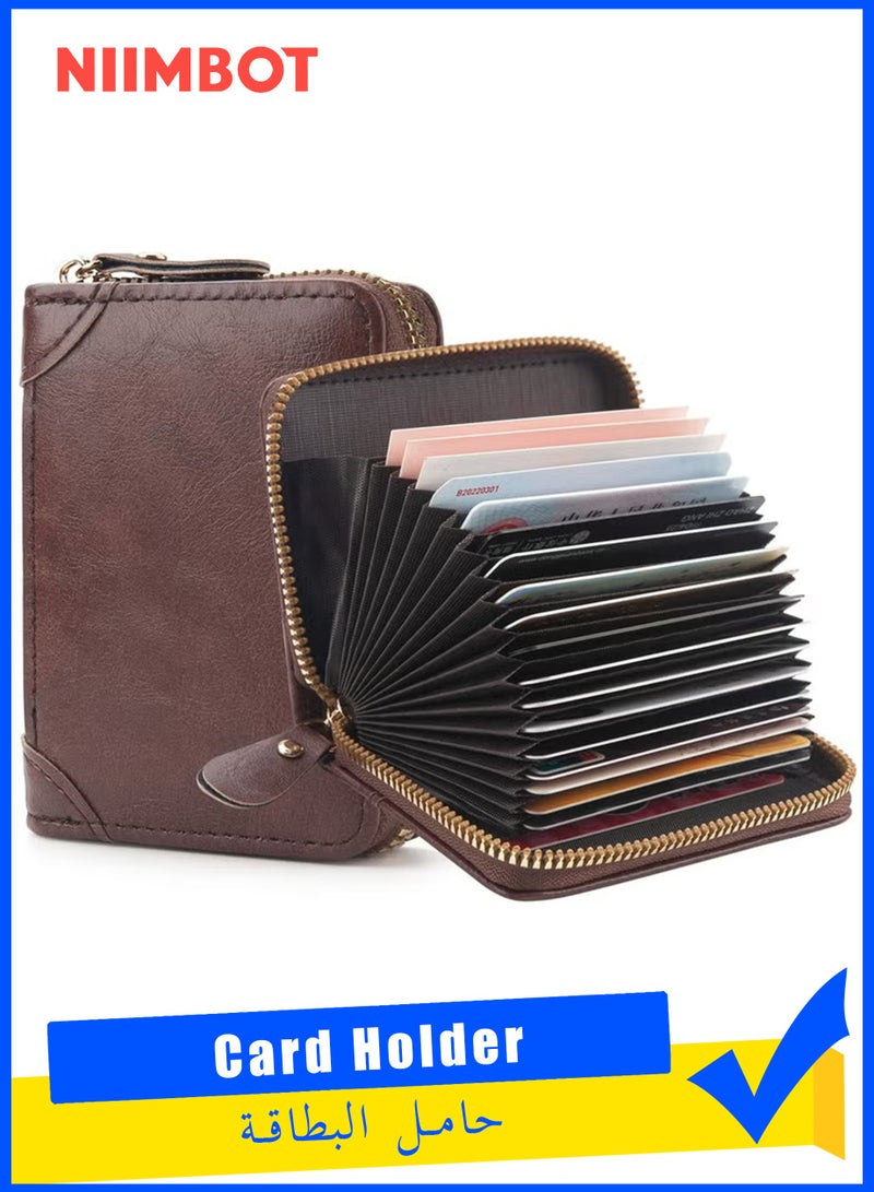 NIIMBOT Card Holder with Coin Compartment, Leather Credit Card Holder with Lots of Space for up to 20 Cards,Wallet for Men and Women with RFID NFC Protection, brown, Minimalist - Image 1