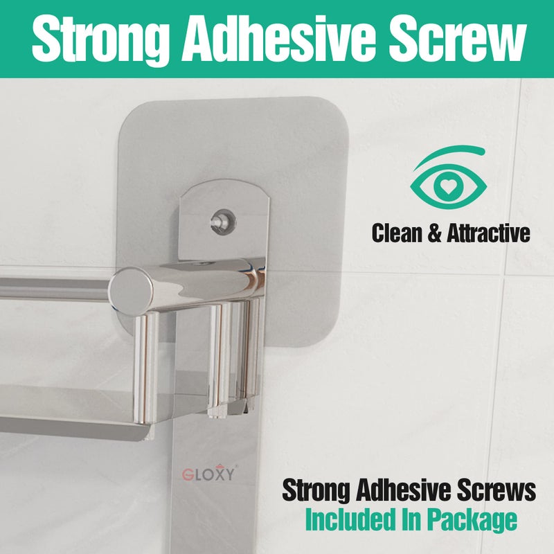 GLOXY ENTERPRISE Stainless Steel Magic Sticker Bathroom Shelf | 3-Layer Multipurpose Organizer with Double Soap Dish | Toothbrush Holder | Bathroom Accessories (5D x 15W x 19H inch, Chrome Finish) - Image 4