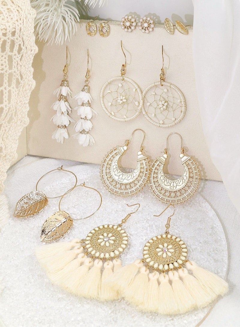 Sea-themed accessory – A set of 8 pairs of women's earrings featuring unique designs including hoops, tassels, leaves, and flowers. Perfect for summer parties, beach outings, and seaside events.  - Image 1