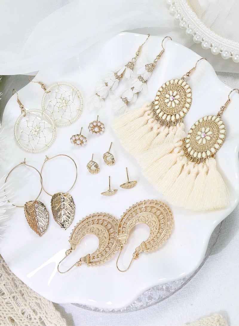 Sea-themed accessory – A set of 8 pairs of women's earrings featuring unique designs including hoops, tassels, leaves, and flowers. Perfect for summer parties, beach outings, and seaside events.  - Image 2