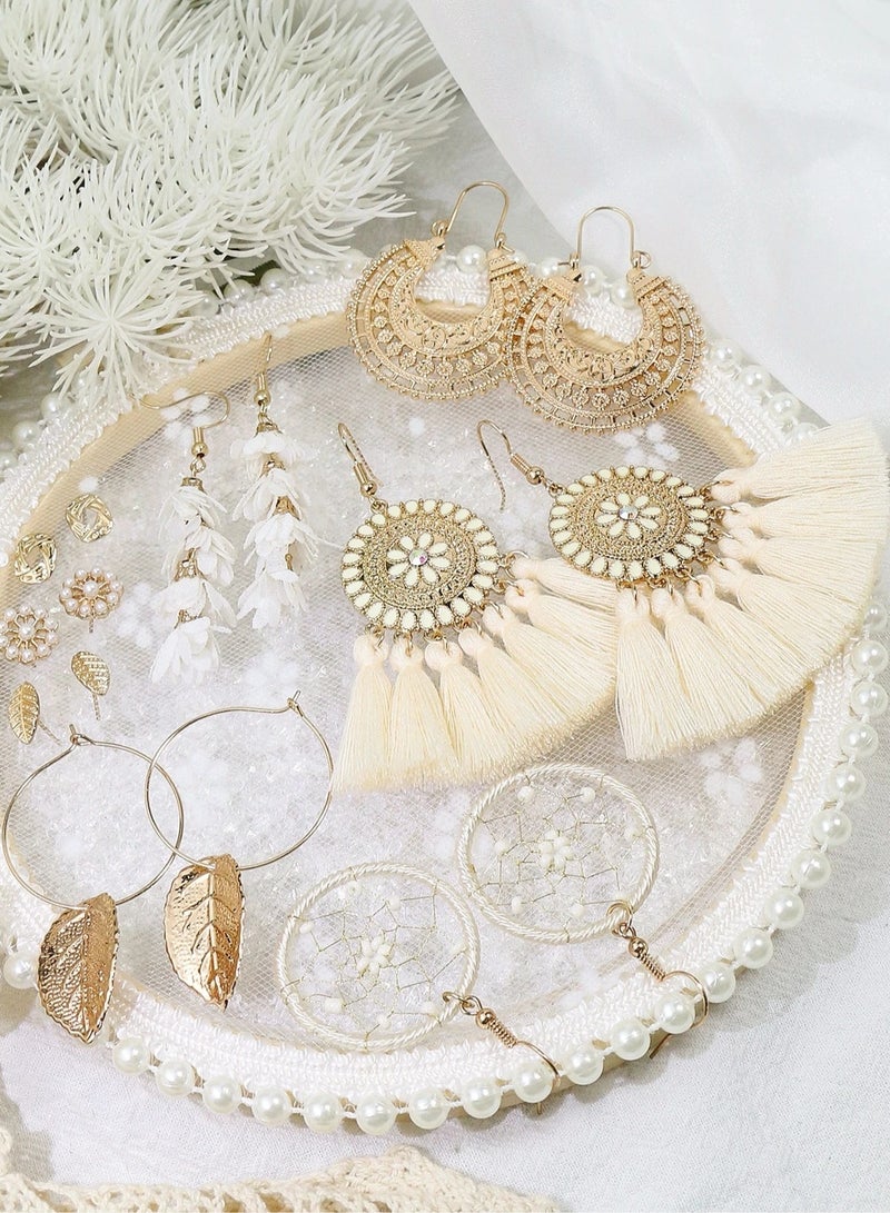 Sea-themed accessory – A set of 8 pairs of women's earrings featuring unique designs including hoops, tassels, leaves, and flowers. Perfect for summer parties, beach outings, and seaside events.  - Image 3