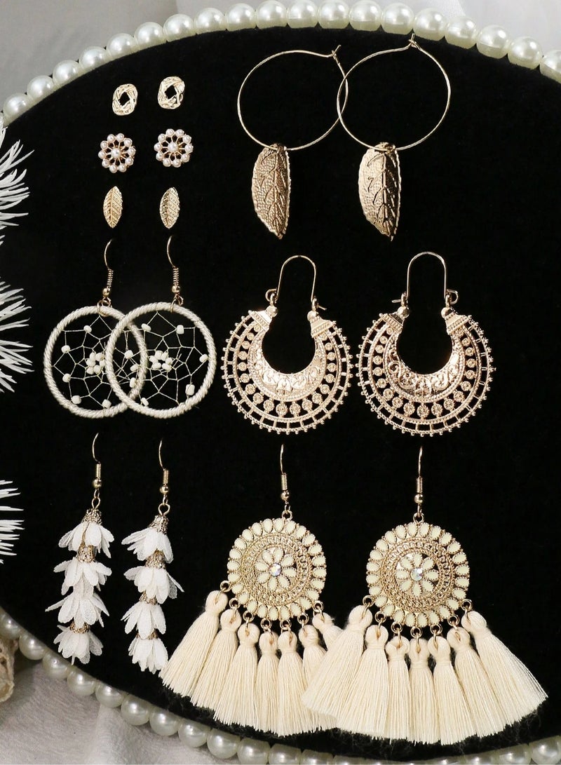 Sea-themed accessory – A set of 8 pairs of women's earrings featuring unique designs including hoops, tassels, leaves, and flowers. Perfect for summer parties, beach outings, and seaside events.  - Image 5