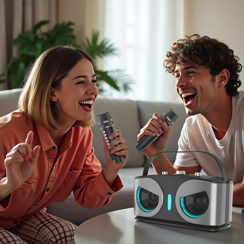 Portable Karaoke Machine with Dual Wireless Microphones RGB Lights for Home Party Gray - Image 4