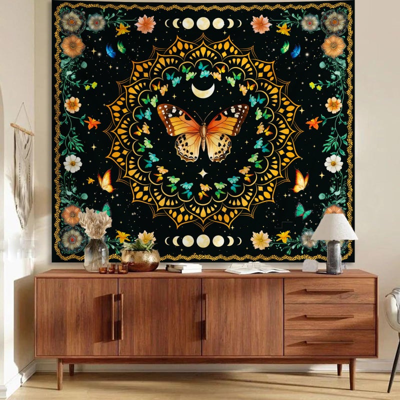 Apdidl Boho Mandala Butterfly Floral Tapestry for Bedroom, Hippie Moon Ceiling Colorful Plant Flower Tapestries Aesthetic, Bohemia Vintage Orange Moth Botanical Wall Hanging for Living Room 51" X 60" - Image 2