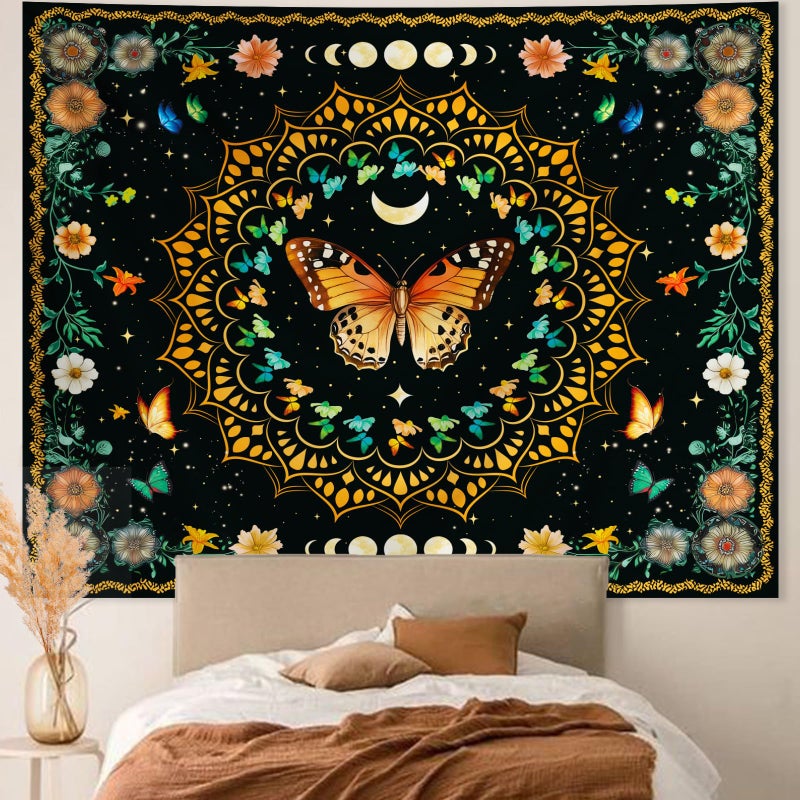 Apdidl Boho Mandala Butterfly Floral Tapestry for Bedroom, Hippie Moon Ceiling Colorful Plant Flower Tapestries Aesthetic, Bohemia Vintage Orange Moth Botanical Wall Hanging for Living Room 51" X 60" - Image 1