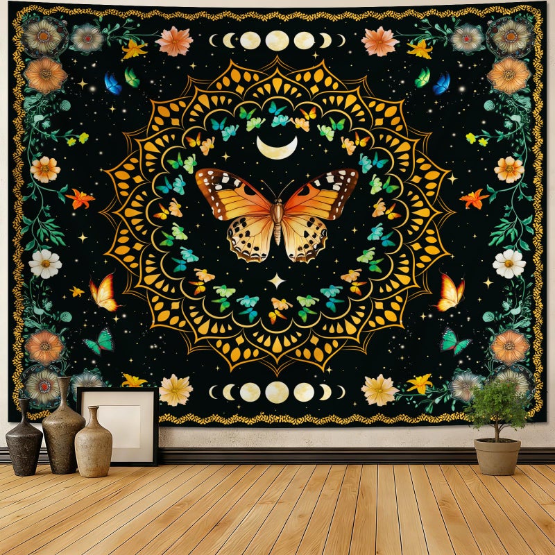 Apdidl Boho Mandala Butterfly Floral Tapestry for Bedroom, Hippie Moon Ceiling Colorful Plant Flower Tapestries Aesthetic, Bohemia Vintage Orange Moth Botanical Wall Hanging for Living Room 51" X 60" - Image 3