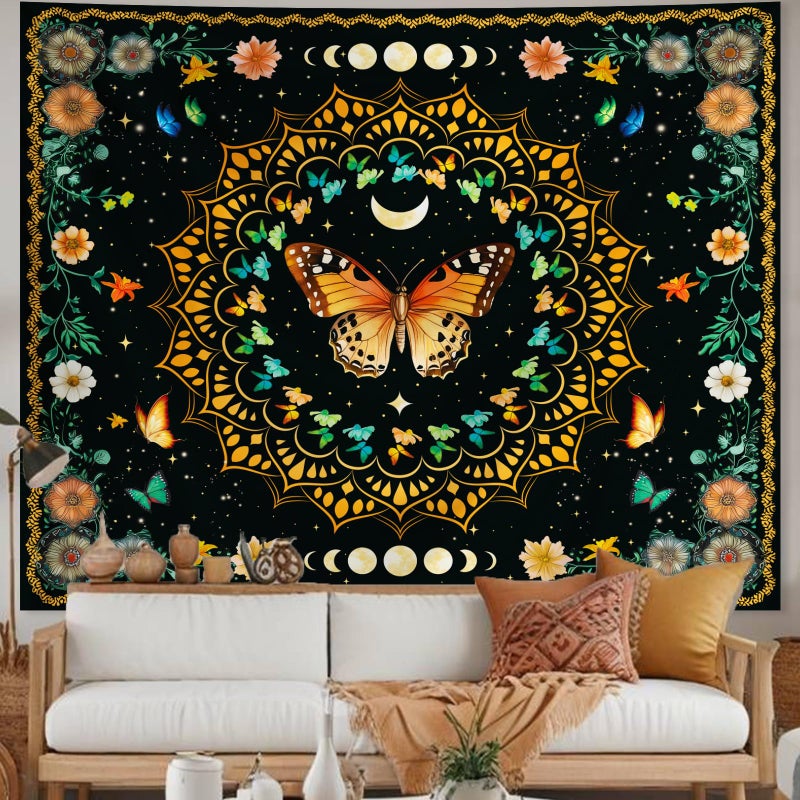 Apdidl Boho Mandala Butterfly Floral Tapestry for Bedroom, Hippie Moon Ceiling Colorful Plant Flower Tapestries Aesthetic, Bohemia Vintage Orange Moth Botanical Wall Hanging for Living Room 51" X 60" - Image 4