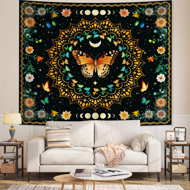 Apdidl Boho Mandala Butterfly Floral Tapestry for Bedroom, Hippie Moon Ceiling Colorful Plant Flower Tapestries Aesthetic, Bohemia Vintage Orange Moth Botanical Wall Hanging for Living Room 51" X 60" - Image 5
