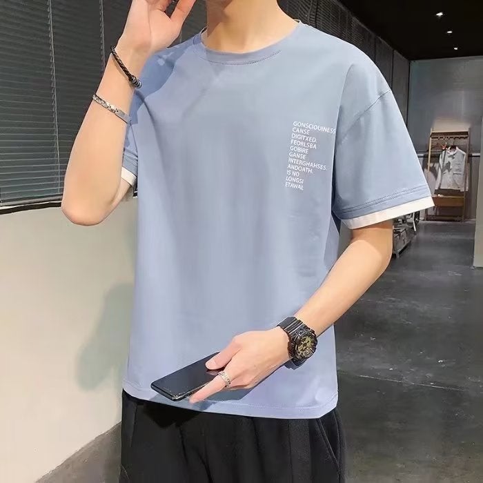 Men'S Short-Sleeved T-Shirt Fake Two-Piece Student Bottoming Shirt Trendy Korean Men'S Shirt Slim-Fit Half-Sleeve - Image 3